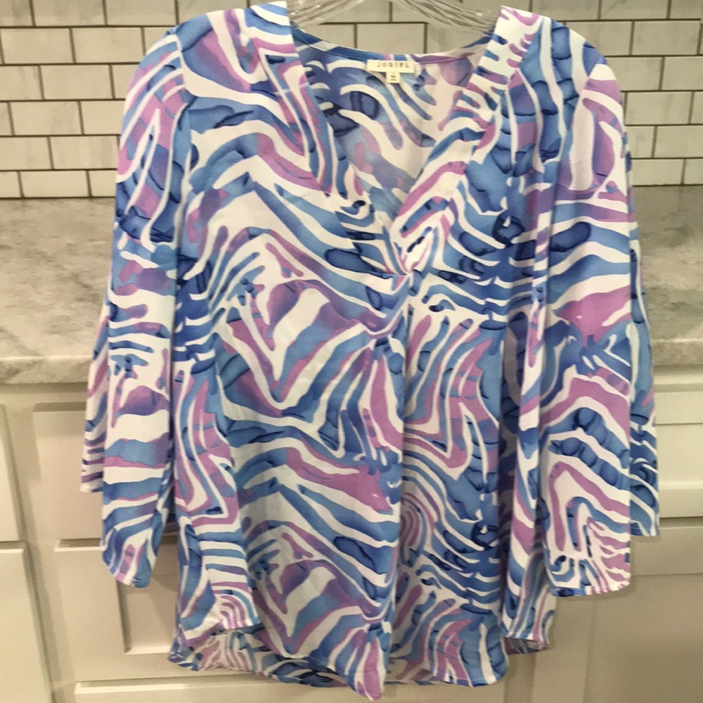 Jodifl Tunic Blouse Womens Small Blue Purple Bohemian Bell Sleeves‎ Flowy Silky